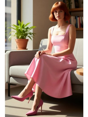 FRM Kadın Abiye Kokteyl Elbisesi Skater Kalıp Kare Yaka Kalın Askılı Midi Dokuma Saten Şık Kaliteli