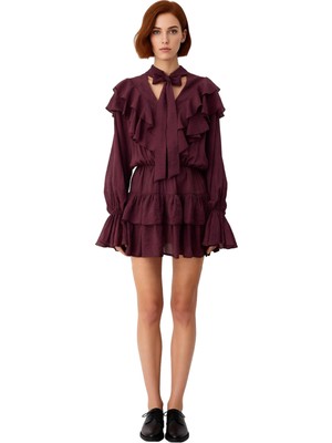 Ersefa Kadın Astarlı Skater Elbise Fular Yaka Uzun Balon Kol Detaylarıyla Casual Kombinlerinize Şıklık