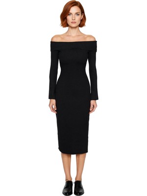 Ersefa Kadın Carmen Yaka Bodycon Kalıp Midi Boy Örme Elbise Soğuk Havalarda Zarafetle Buluşun Kaliteli