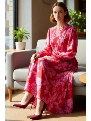 FRM Kadın Kırmızı Çiçekli Uzun Kol Maxi Elbise Dokuma Kumaş Bisiklet Yaka Zarif Beden Gipeli Tasarım