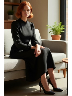 FRM Modern Kadın Lacivert Maxi Boy Aerobin Dokuma Hakim Yaka Britli Düz Şık Rahat Elbise Kaliteli