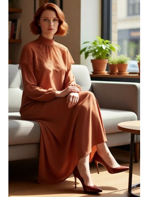 FRM Kadın Feminine Skater Siluet Astarlı Düz Desen Maxi Elbise Uzun Kollu Konforlu Şık Tasarım