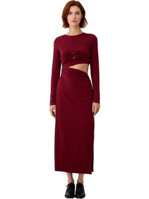 Ersefa Kadın Fashion Forward Bordo Örme Maxi Elbise Bodycon Kesim Bel Detaylı Uzun Kollu Zarif Stil
