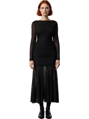 Ersefa Kadın Fashion Forward Tül Örme Balık Kesim Uzun Kol Abiye Maxi Gece Elbisesi Şık Ortam Kaliteli