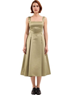 Ersefa Kadın Şık Gece Elbisesi Skater Siluet Kare Yaka Midi Boy Düz Desen Saten Dokuma Kalın Askılı