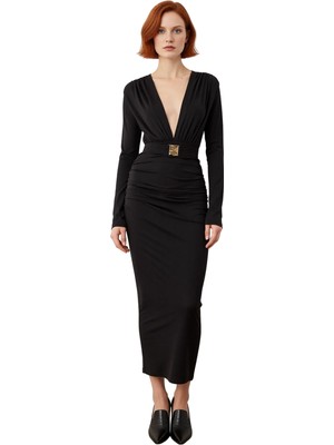 Ersefa Kadın Bodycon Kesim Uzun Kollu V Yaka Midi Kemerli Şık Gece Davet Elbisesi Modern Tasarım Kaliteli