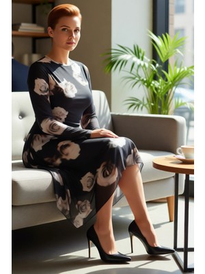 FRM Kadın Günlük Asimetrik Midi Elbise Örme Tül Uzun Kollu Bisiklet Yaka Ekose Desenli Şık Tasarım