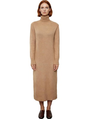 Ersefa Kadın Midi Boy Triko Elbise Balıkçı Yaka Düz Desen Soğuk Havalar Için Şık ve Rahat Seçim Kaliteli