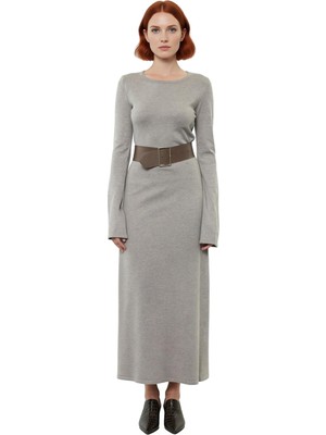 Ersefa Kadın Siyah Triko Maxi Elbise Havuz Yaka A Kesim Kemerli Uzun Kollu Kış Günlük Şıklığı Kaliteli