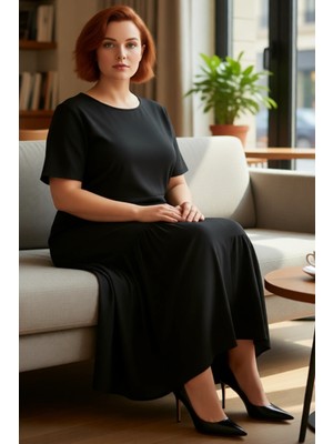 FRM Kadınlar Için Konforlu Büyük Beden Düz Desen Kısa Kollu A Line Maxi Dokuma Elbise Kaliteli