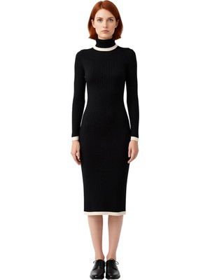 Ersefa Kadın Balıkçı Yaka Siyah Midi Triko Elbise Renk Bloklu Detaylarla Şık ve Modern Kış Stili Kaliteli