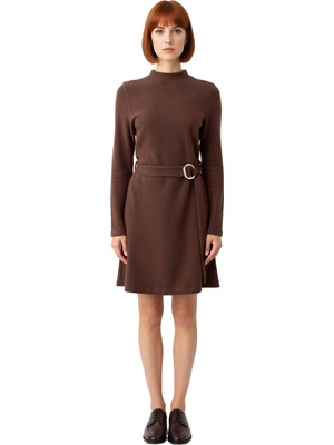 Ersefa Kadınlar Için A Line Mini Elbise Dik Yaka Kemerli Uzun Kollu Selanik Örme Günlük Şıklık Kombin