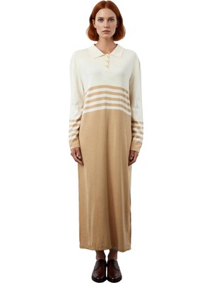 Ersefa Kadın Renk Bloklu Düşük Kol Polo Yaka Düğmeli Triko Maxi Elbise Günlük Şık Uzun Kaliteli