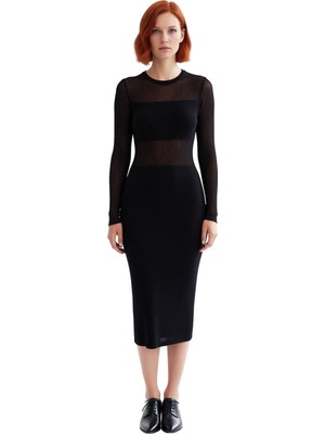 Ersefa Kadın Siyah Midi Triko Elbise Transparan Detaylı Bodycon Kalıp Uzun Kollu Şık Bisiklet Yaka Günlük