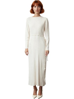 Ersefa Kadın Inci Detaylı Kuşaklı Maxi Boy Triko Elbise Dik Yaka Standart Kol Rahat Kış Kombini Kaliteli