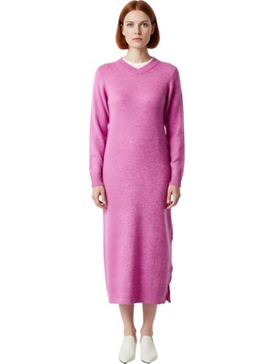 Ersefa Kadın Düşük Kol V Yaka Shift Siluet Maxi Boy Triko Elbise Kuşaklı Soğuk Hava Şıklığı Kaliteli