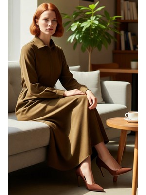 FRM Kadın Casual Astarsız Keten Görünümlü Gömlek Yaka A Line Maxi Tesettür Dokuma Elbise Kaliteli