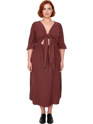 Ersefa Zarif Kadın A Line Kesim Midi Elbise Truvakar Kol Detaylı V Yaka Dokuma Bahar Kombini Kaliteli