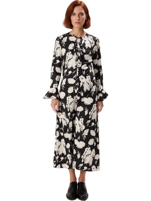 Ersefa Kadın Fiyonklu Maxi Boy A Line Çiçekli Ispanyol Kol Bisiklet Yaka Şık Dokuma Elbise Kaliteli