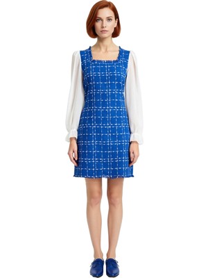 Ersefa Kadın Ekose A Kesim Mini Elbise Kare Yaka Dokuma Tüvit Kumaşıyla Sonbahar Kış Kombinleri Kaliteli