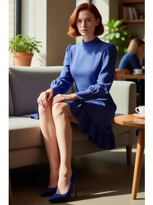 FRM Kadın Lacivert A Kesim Mini Elbise Dik Yaka Balon Kol Uzun Dokuma Kumaş Business Şıklığı Kaliteli