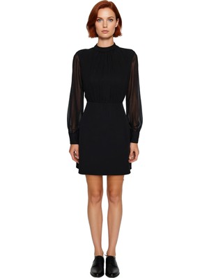 Ersefa Kadın Siyah Düz Desen Dik Yaka A Kesim Mini Elbise Uzun Kollu Kışlık Şık Kombinler Için Kaliteli