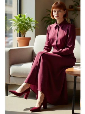 FRM Kadın Full Düğmeli Uzun Kollu Gömlek Yaka Düz Dokuma Skater Kalıp Viskoz Maxi Elbise Casual