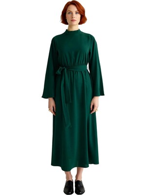 Ersefa Kadın Şık Haki Dokuma Skater Elbise Dik Yaka Uzun Ispanyol Kollu Kuşak Detaylı Maxi Model Kaliteli