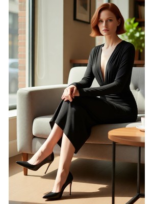 FRM Kadın Fashion Forward Uzun Kollu V Yaka Kemer Detaylı Midi Örme Şık Gece Davet Elbisesi Zarif