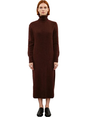 Ersefa Kadın Midi Boy Triko Elbise Balıkçı Yaka Düz Desen Soğuk Havalar Için Şık ve Rahat Seçim Kaliteli