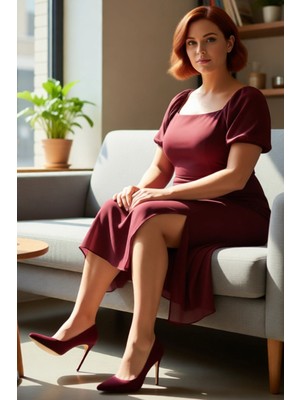 FRM Kadın Büyük Beden A Line Midi Elbise Kare Yaka Balon Kol Yırtmaçlı Astarlı Dokuma Şık Tasarım