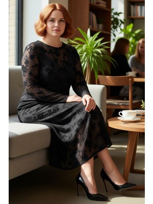 FRM Siyah Kadın Büyük Beden Çiçekli Maxi Tül Elbise Bisiklet Yaka A Line Kesim Uzun Kol Zarafeti