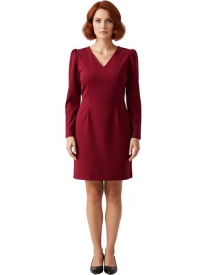 Ersefa Kadınlar Için V Yaka Bodycon Kesim Balon Kol Uzun Dokuma Mini Elbise Büyük Beden Ilkbahar Sonbahar