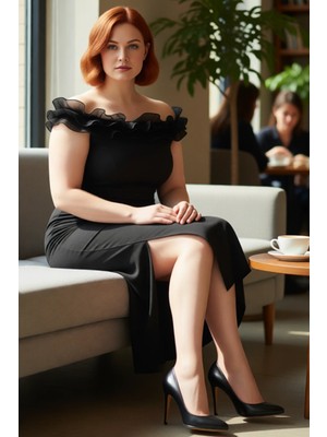 FRM Kadın Büyük Beden Dokuma A Line Kesim Düz Desen Fırfırlı Carmen Yaka Yırtmaçlı Maxi Elbise