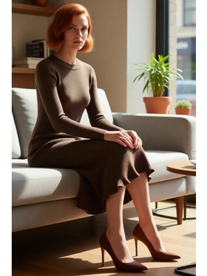 FRM Kadın Uzun Kollu Midi Triko Elbise Akrilik Kumaş Bisiklet Yaka Düz Siluet Günlük Şık Kombinler Için