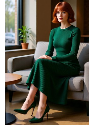 FRM Kadın Uzun Kollu Midi Triko Elbise Akrilik Kumaş Bisiklet Yaka Düz Siluet Günlük Şık Kombinler Için