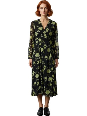 Ersefa Kadın Çiçekli A Kesim Midi Boy Uzun Kollu Dokuma V Yaka Elbise Gündüz Gece Şık Kombinler Kaliteli