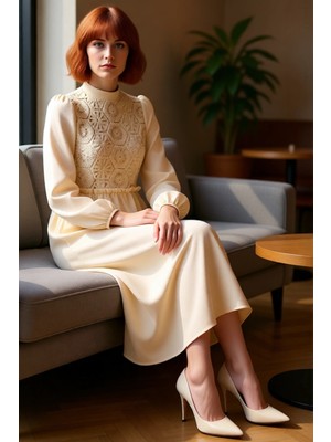 FRM Kadın A Kesim Maxi Boy Dokuma Elbise Güpür Detaylı Dik Yaka Standart Kol Rahat Kombin Kaliteli