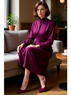 FRM Feminine Stil Kadın Dokuma Kumaş A Kesim Elbise Dik Yakasıyla Gündüzden Geceye Zarafet Katıyor.