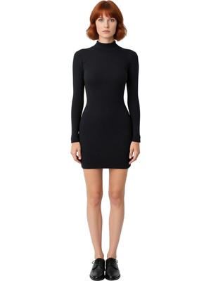 Ersefa Kadın Bodycon Kesim Rejenere Kaşkorse Kışlık Dik Yaka Uzun Kollu Düz Mini Elbise Kaliteli Şık