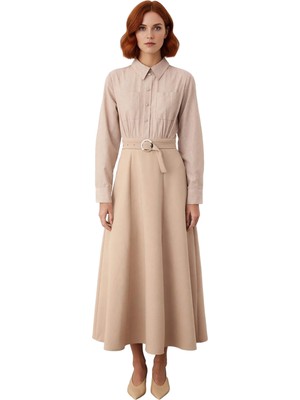 Ersefa Kadın Tesettür Giyim Çizgili Dokuma Kemer Detaylı Gömlek Yaka Skater Kalıp Maxi Uzun Kollu Elbise