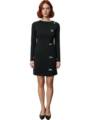 Ersefa Kadın Şık Siyah Fiyonk Detaylı Uzun Kollu Bisiklet Yaka Mini Bodycone Scuba Krep Elbise Kaliteli