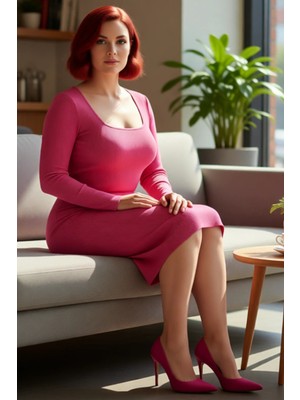 FRM Büyük Beden Kadınlara Özel Kare Yaka Fitilli Midi Elbise Uzun Kollu Bodycon Tarzı Triko Kaliteli