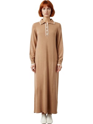 Ersefa Kadın Polo Yaka Biyeli Maxi Triko Elbise Düşük Kol Rahat Kesim Kış Sezonu Için Ideal Model