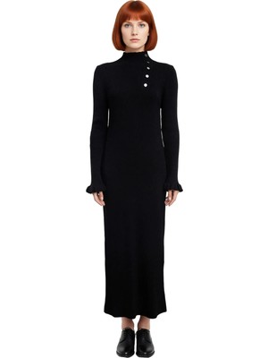 Ersefa Kadın Dik Yaka Ribana Dokulu Uzun Kollu Maxi Elbise Şık Düğme Detayıyla Kış Giyimine Özel Kaliteli