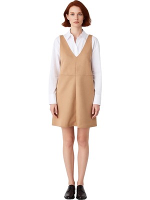 Ersefa Şık Kadın Süet Dokulu Bej V Yaka Jile Mini Elbise Bodycon Kesim Kış ve Sonbahar Için Ideal