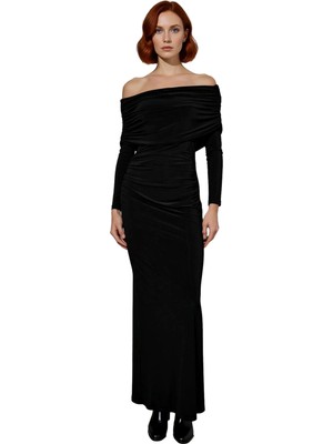 Ersefa Kadın Şık Bodycon Kahverengi Uzun Kol Maxi Elbise Carmen Yaka ile Gece Davetleri Için Kaliteli