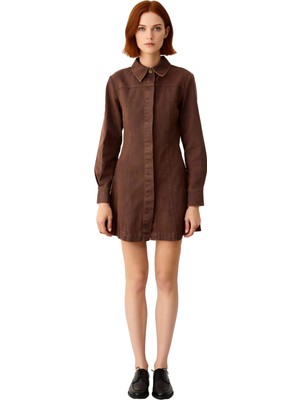 Ersefa Kadın Fashion Forward %100 Pamuk A Line Mini Elbise Gömlek Yaka Uzun Kollu Kış Stili Kaliteli