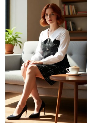 FRM Soğuk Havalar Için Kadın Büyük Beden Siyah Kareli Tüvit Mini Elbise Şık ve Konforlu Tasarım