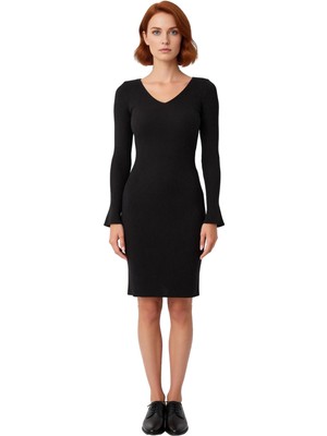 Ersefa Kadın Uzun Kollu V Yaka Triko Bodycon Mini Elbise Şık Akrilik Kışlık Günlük Kombin Için Harika Seçim